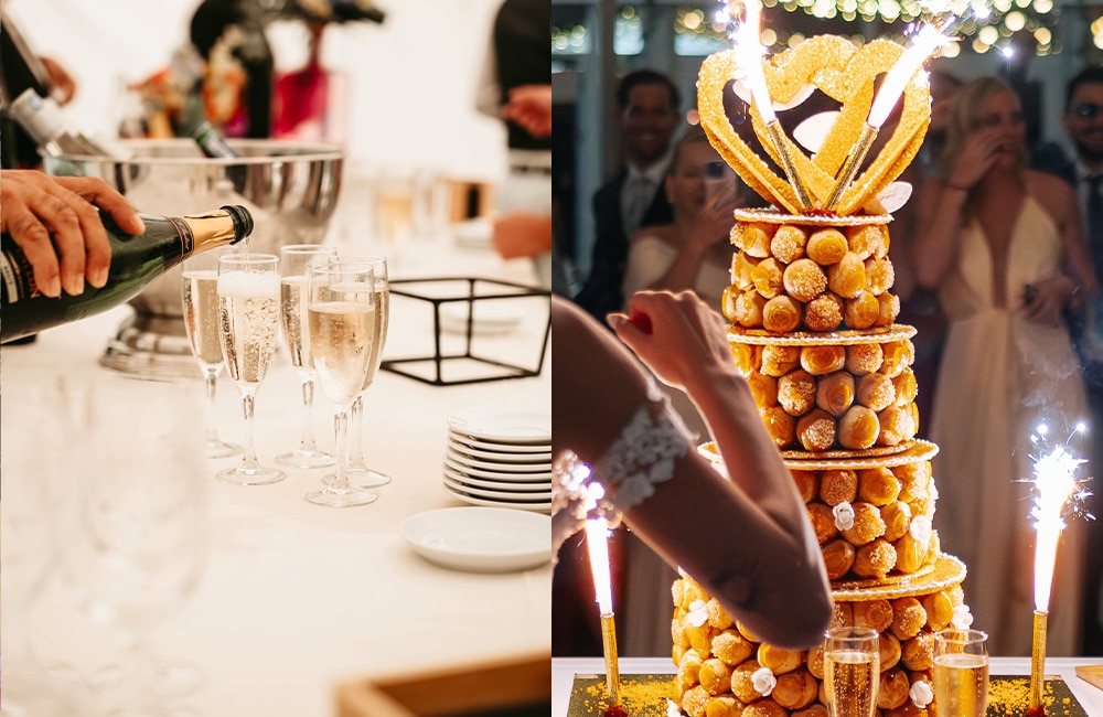 Image coupée en 2 : à gauche service d'une coupe de champagne pour une cérémonie privée, à droite un gâteau pièce-montée pour un mariage par Menard Traiteur Caen